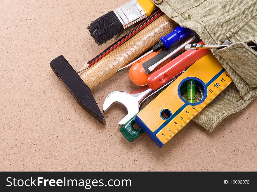 Set of tools in bag