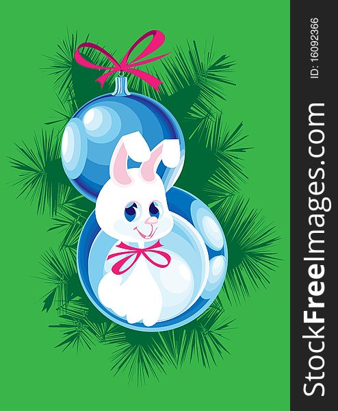 White bunny and two blue Christmas ball hanging on the branch tree. White bunny and two blue Christmas ball hanging on the branch tree