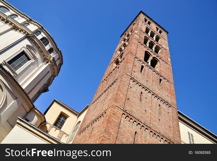 Very ancient medieval bell tower built near Consolata sanctuary in Turin, Piedmont, Italy.