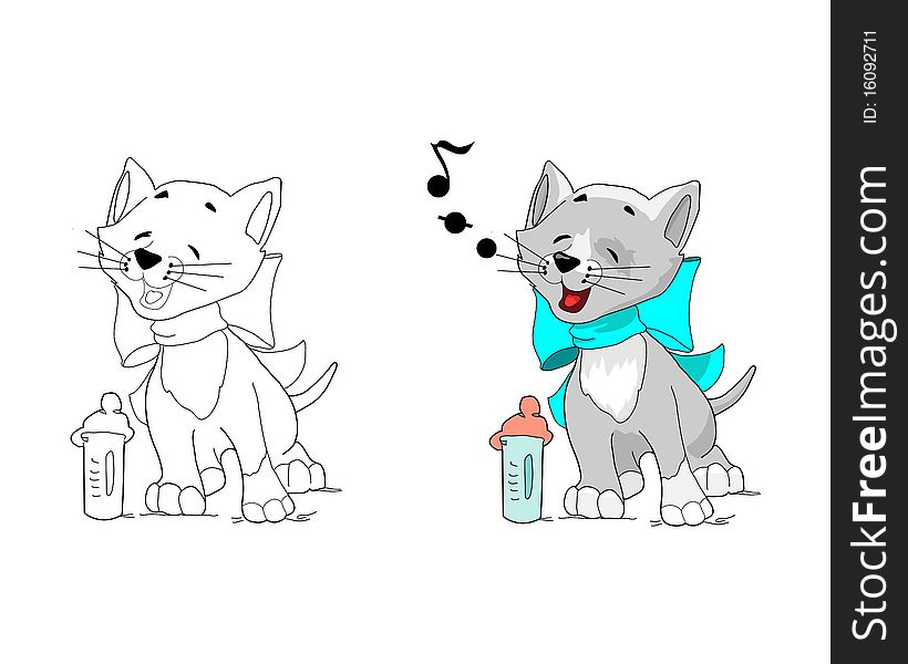 Gray singing kitten with a blue bow and a milk bottle