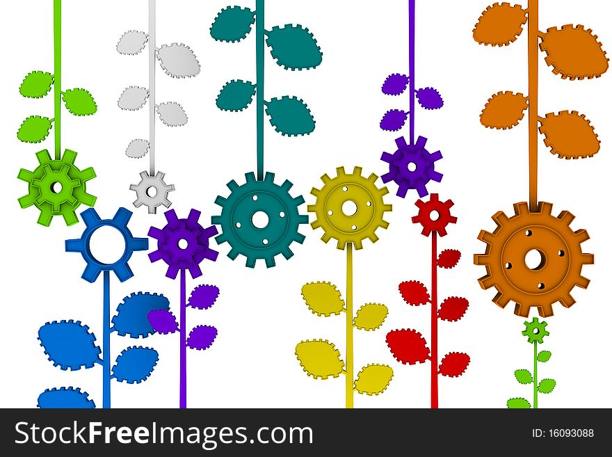 3d colorful flowers in view of the gears on a white background.