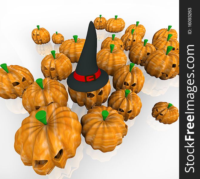 3D still life of pumpkins for Halloween, a pumpkin in the hat