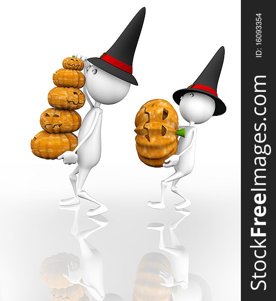3d. Halloween. Two people have pumpkins on a white background. 3d. Halloween. Two people have pumpkins on a white background.