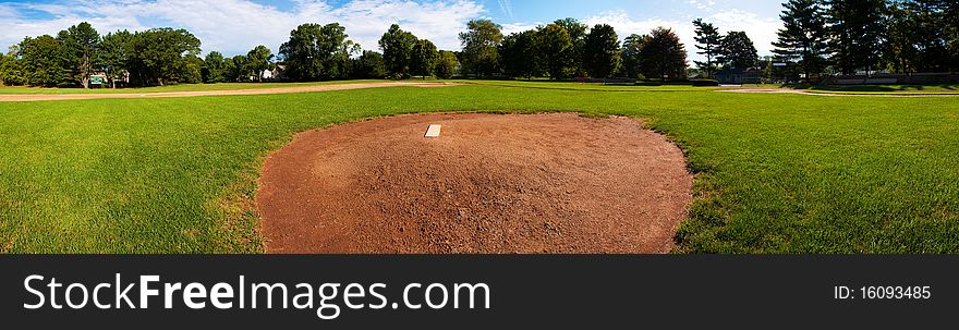 Panoramic view of a baseball field.
