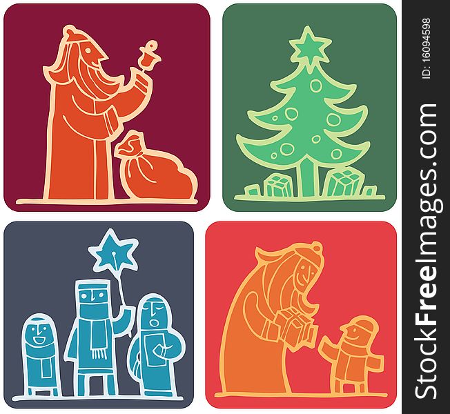 Four Christmas card images, Santa, carolers and Christmas tree. Four Christmas card images, Santa, carolers and Christmas tree