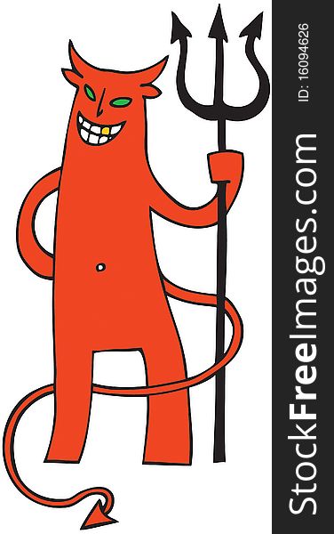 Red grinning devil holding a pitchfork. Red grinning devil holding a pitchfork