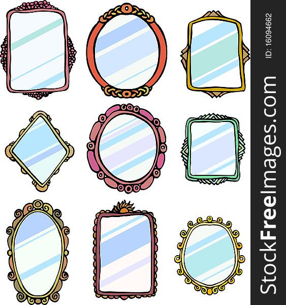 Nine mirror/picture frames, hand drawn on white background with reflection