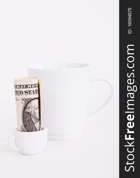 Big and small white cup, with one dollar, money concept