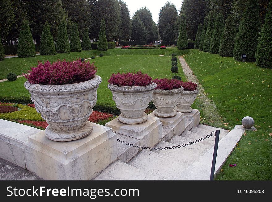 Marble bowls stocked with heather in a park of Vienna. Marble bowls stocked with heather in a park of Vienna.