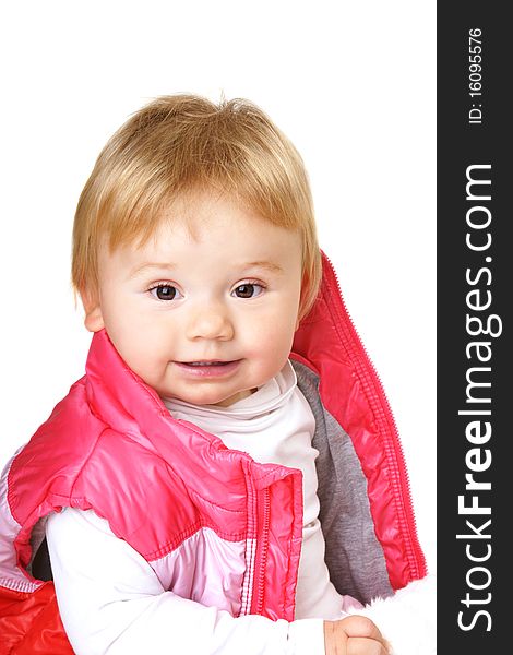 Portrait of happy smiling baby-girl in pink vest isolated on white background