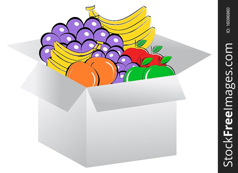 Open box in fruits on white background