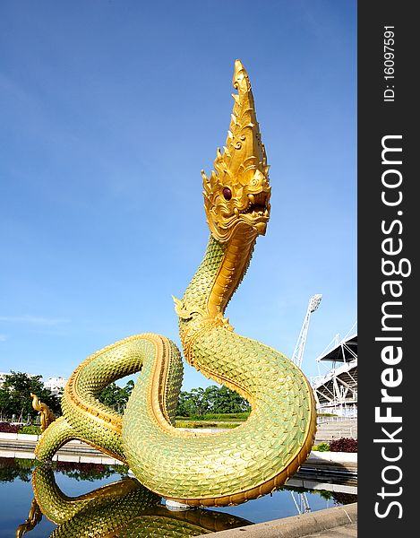 Serpent head into the pond in Thailand. Serpent head into the pond in Thailand