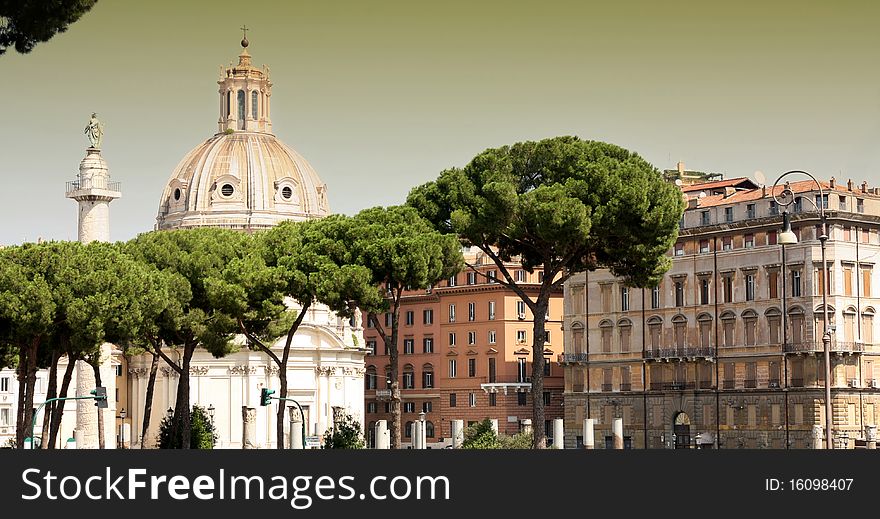 Daetails Traian column and Santa Maria di Loreto in Rome, Italy