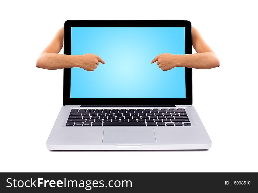 Pointing to a laptop screen, isolated on white background