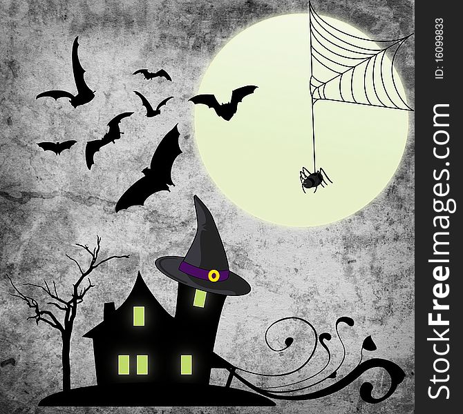 Bats over haunted hat house with spider web. Bats over haunted hat house with spider web