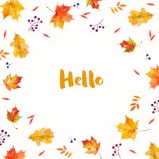 Autumnal Watercolor Leaves Abstract Background. Hello Autumn Illustration Stock Photo