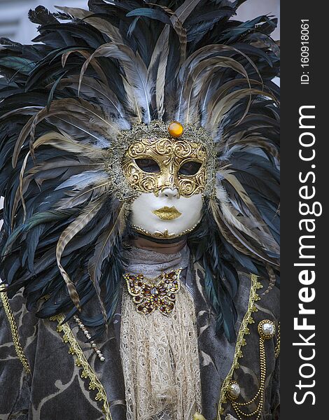 Venice Carnival costumes and venetian masks with brown and black feathers in February, Venice