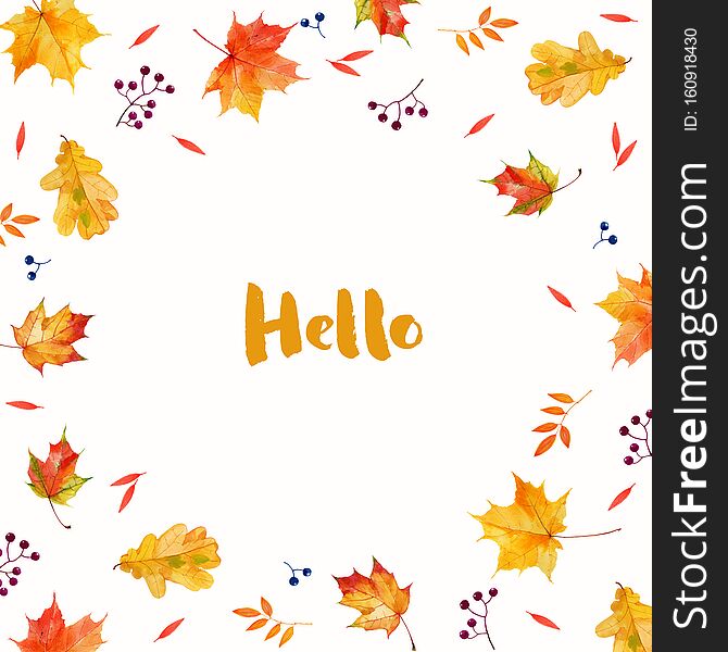 Autumnal Watercolor Leaves Abstract Background. Hello Autumn Illustration