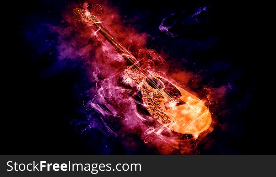 Acoustic Classical Guitar In Smoke On Black