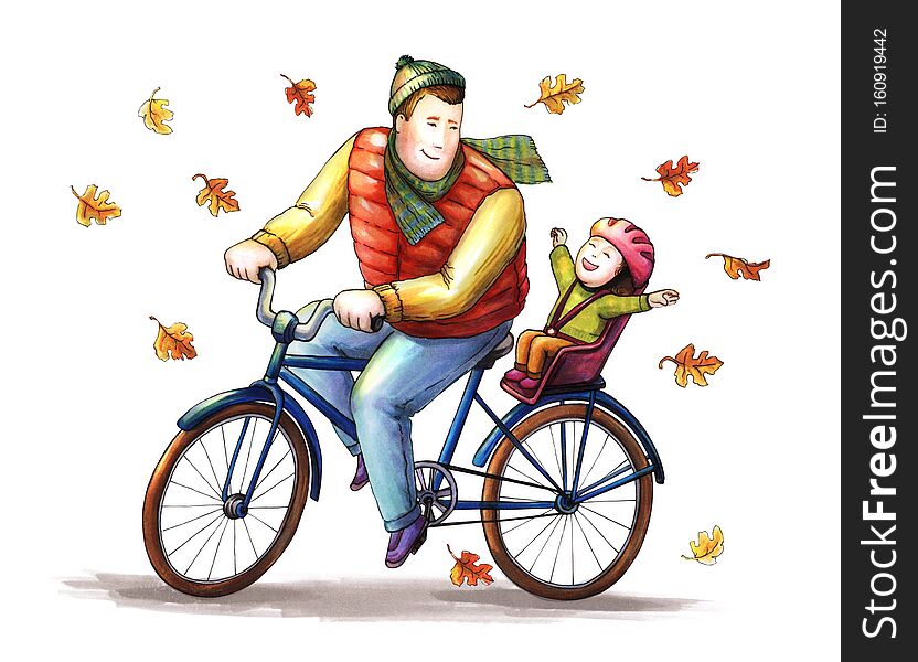 Dad and little daughter take a bike ride. color illustration