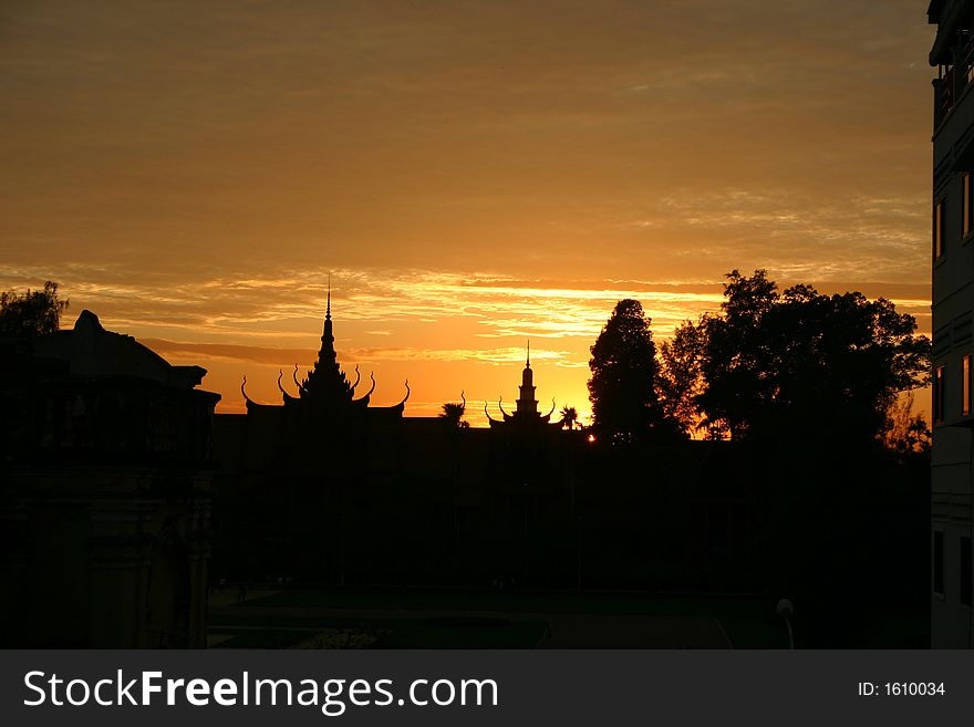 Sunset over the Royal Palace in Cambodia, silhouette. Sunset over the Royal Palace in Cambodia, silhouette