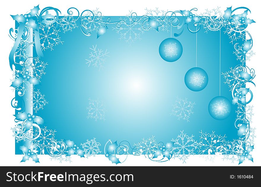 Beautiful blue and white winter background with holly,snowflakes,swirls, vines and flower frame.