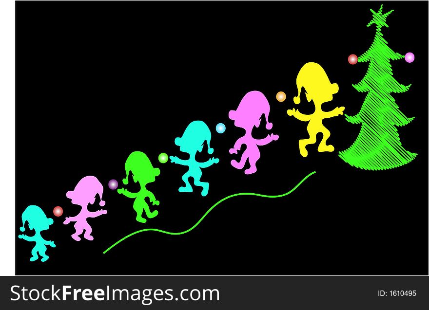 Colorful little elves trimming a christmas tree over a black background. Colorful little elves trimming a christmas tree over a black background.