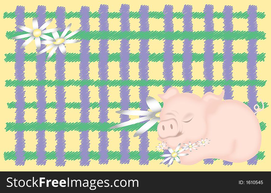 Sleeping baby piggy over soft yellow,green and purple with daisies. Sleeping baby piggy over soft yellow,green and purple with daisies.