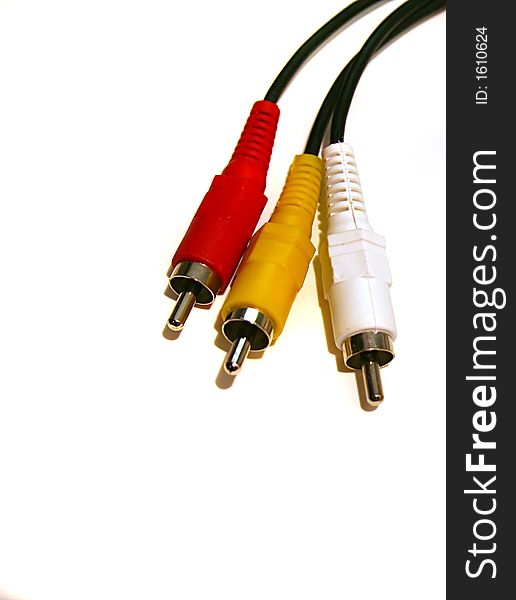 Close up of red, yellow, and white video jacks isolated on white