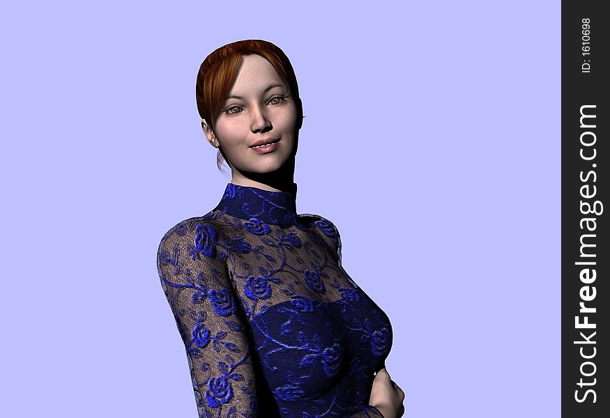 Cassandra, dressed in a blue formal, smiles at the world. 3D model, computer generated. Cassandra, dressed in a blue formal, smiles at the world. 3D model, computer generated.