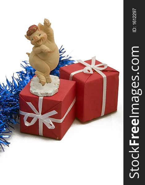 Photo of christmas symbol-pig & gift box. Photo of christmas symbol-pig & gift box