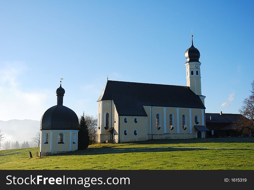 Scenic bavarian church, southern bavaria near Irschenberg