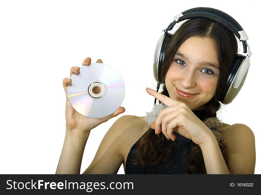 Teenager smiling girl with headphones listen music isolated over white