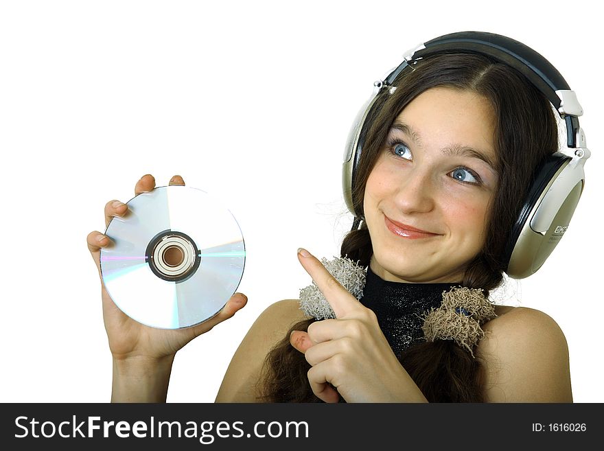 Teenager smiling girl with headphones listen music isolated over white