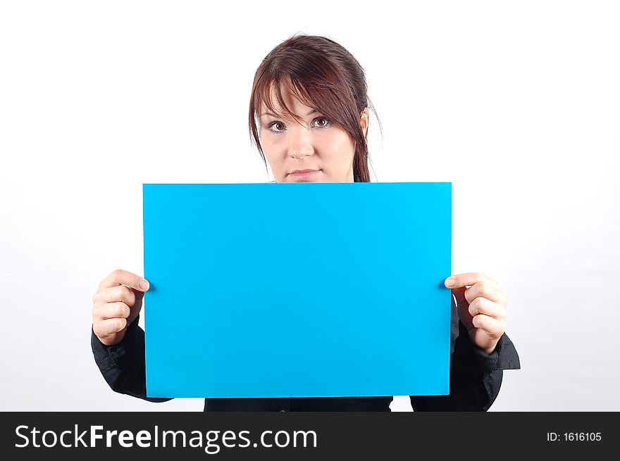 Attractive woman with blue banner on white background. Attractive woman with blue banner on white background