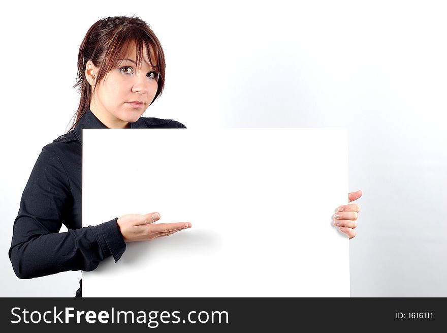 Attractive woman with white banner on white background. Attractive woman with white banner on white background