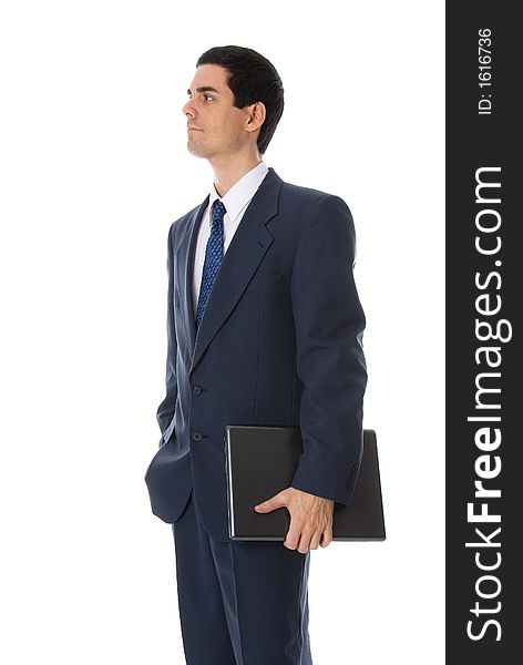 Man in blue suit on white background with laptop. Man in blue suit on white background with laptop
