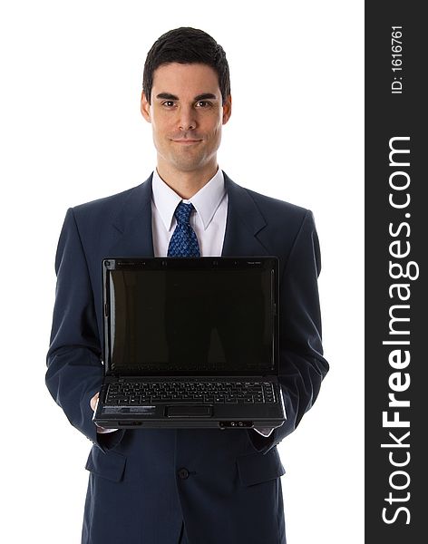 Man in blue suit showing laptop at the camera
