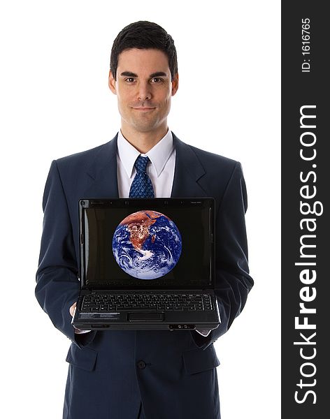 Man in blue suit showing laptop at the camera