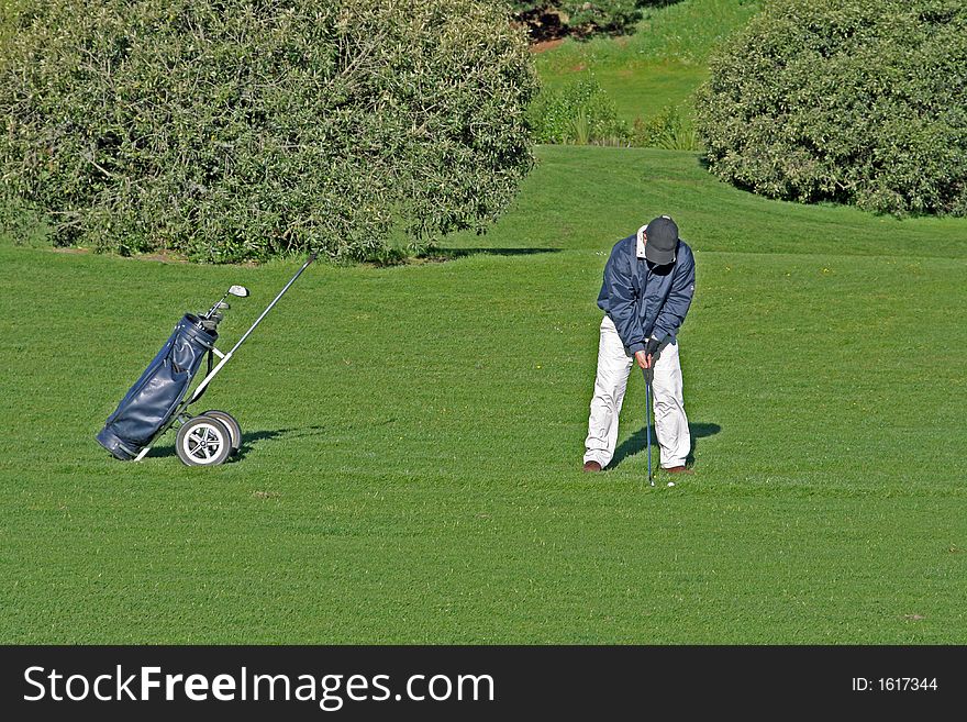 Golfer and caddy bag