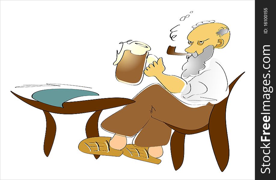 A grandfather sits in his chair at a table and enjoys a beer with joy, in addition he smokes his whistle. A grandfather sits in his chair at a table and enjoys a beer with joy, in addition he smokes his whistle.