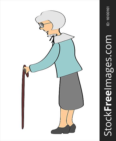 An old lady uses a stick to attain help with the walking. An old lady uses a stick to attain help with the walking.