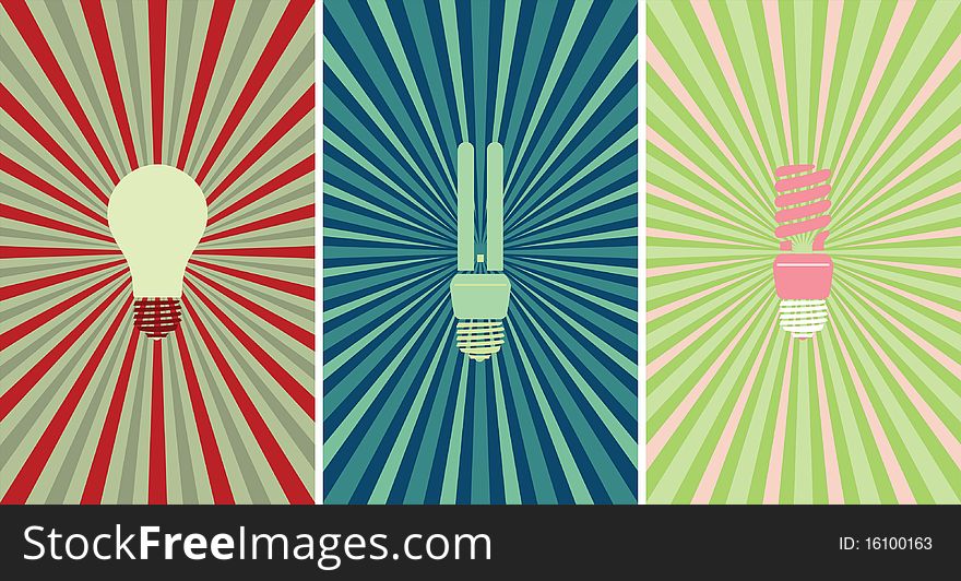 A set of 3 light bulbs with matching backgrounds. Editable  file.