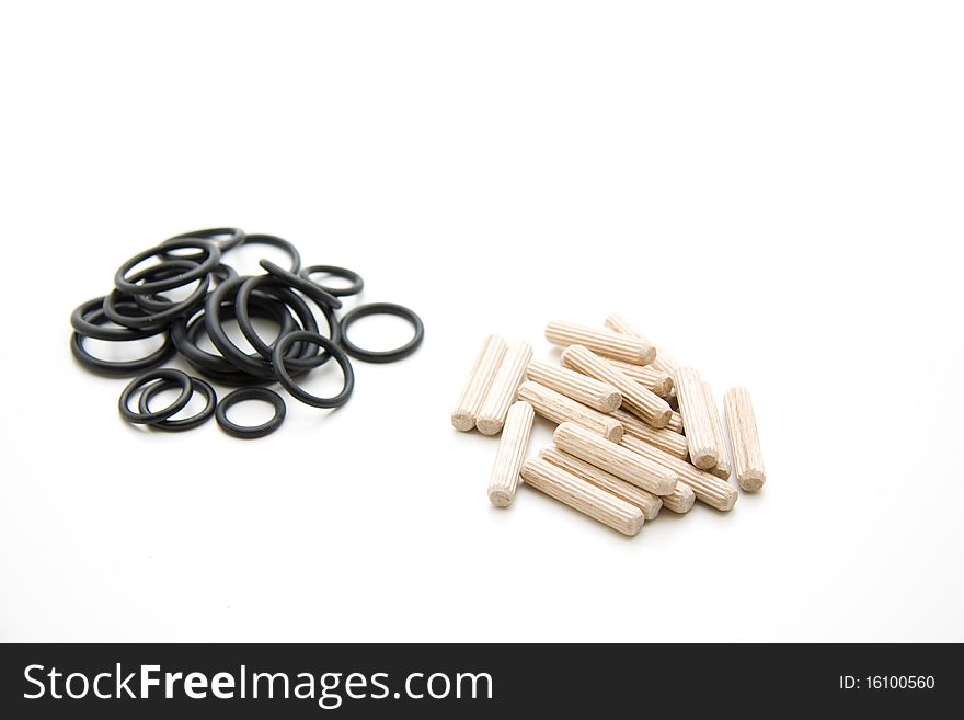 Washers of rubber and wood dowel. Washers of rubber and wood dowel