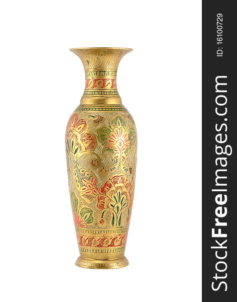 Studio shot of stamped brass vase isolated on white