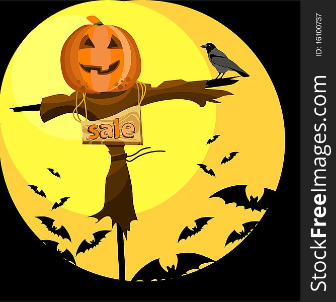 Depicted a scarecrow with a pumpkin head and bats on the eve of Halloveen. Depicted a scarecrow with a pumpkin head and bats on the eve of Halloveen