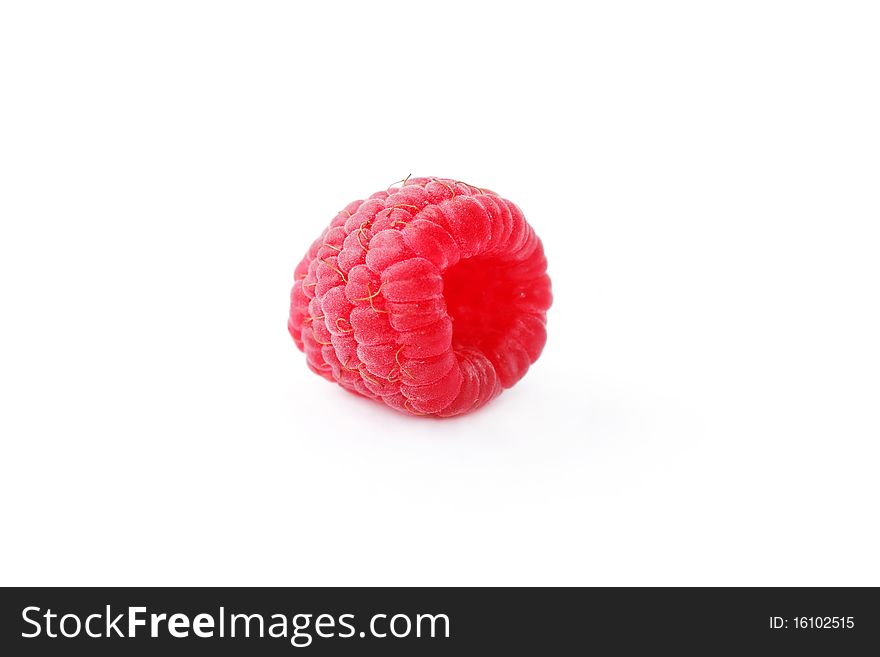 One juicy red raspberry isolated on white background