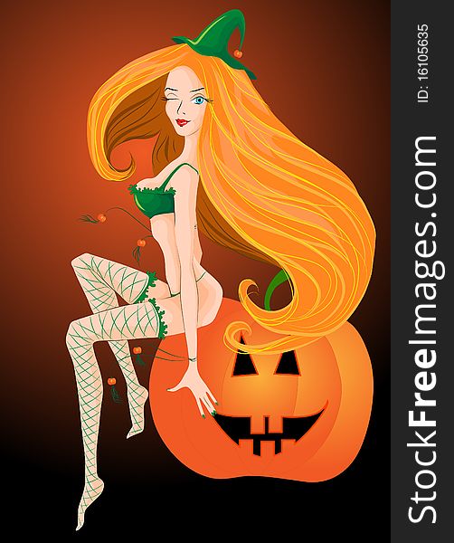 Vector image of Halloween's witch sitting on big pumpkin.