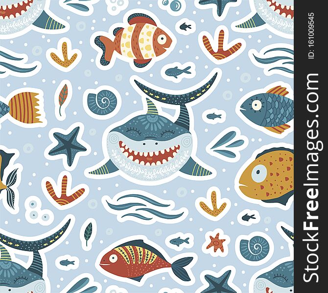 Seamless Ocean Seamless Pattern. Cute Cartoon Vector Shark Illustration. Happy summer Kid Design. Marine Life. Seamless Ocean Seamless Pattern. Cute Cartoon Vector Shark Illustration. Happy summer Kid Design. Marine Life.