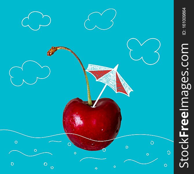 Tropical beach concept made of cherry with doodle clouds and sun umbrella on bright blue background. Fruit summer minimal creative concept.